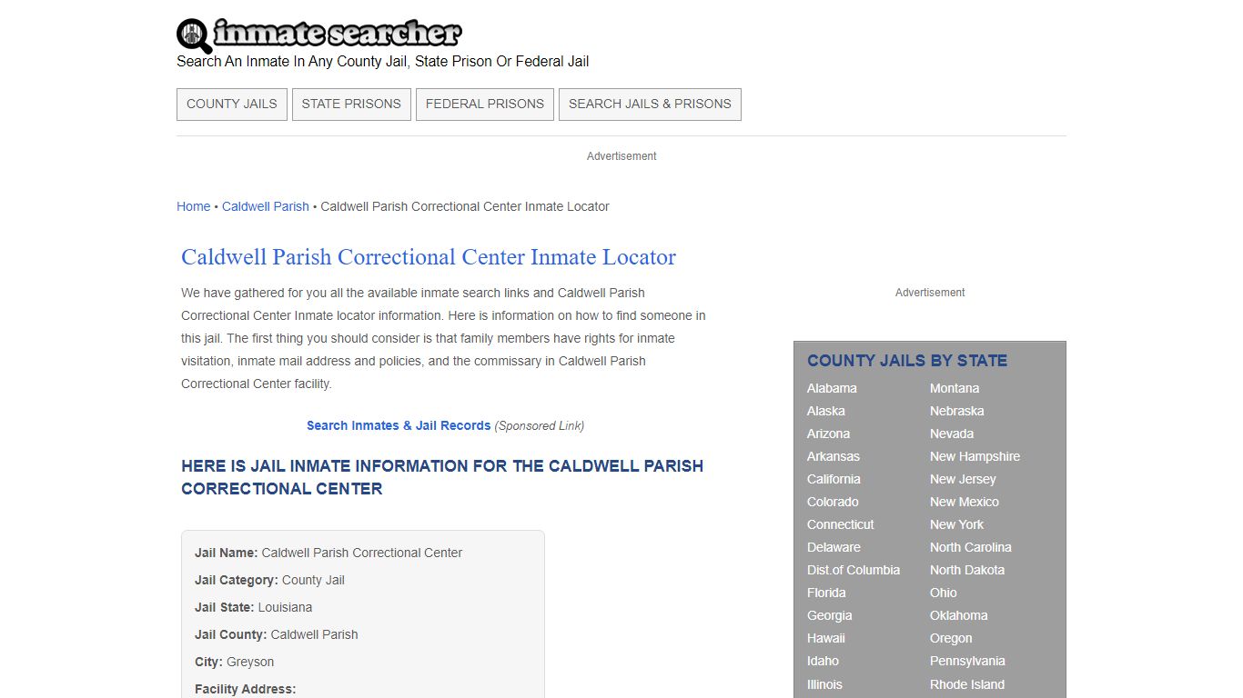 Caldwell Parish Correctional Center Inmate Locator - Inmate Searcher